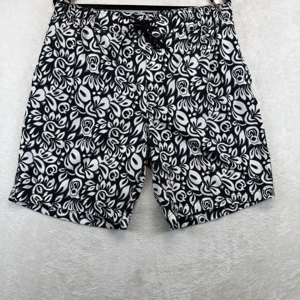Coolibar Mens Swim Trunks Large UPF 50+ Black White Board Shorts Mesh Lined